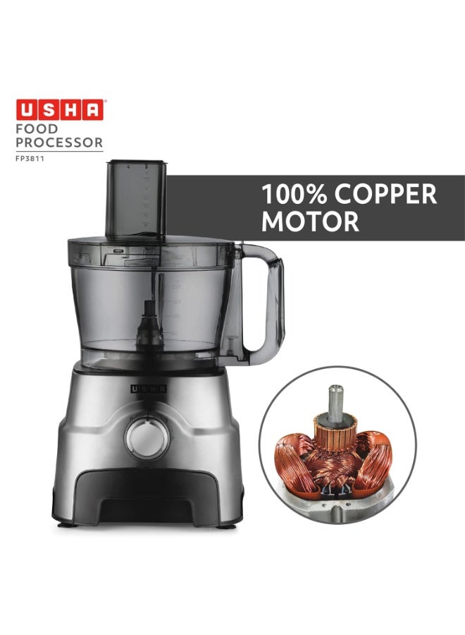 Usha FP 3811 Food Processor 1000 Watts Copper Motor with 13 Accessories(Premium SS Finish), Black and Steel - Image 3